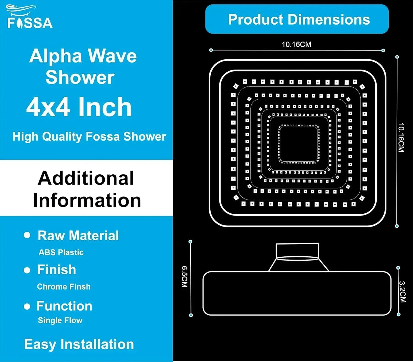 Alpha Wave (4x4 Inches) ABS Chrome Black Finish Overhead Shower With Arm (9 Inch)